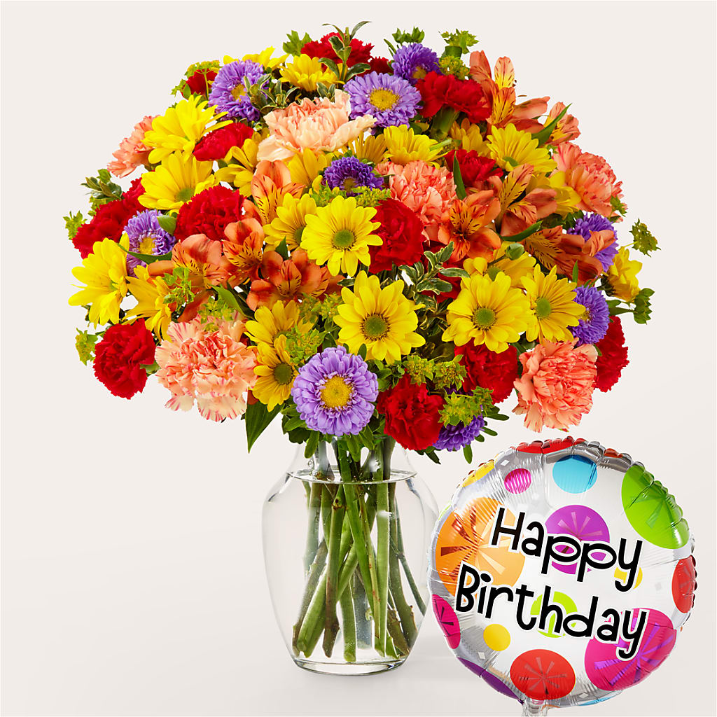 Kaleidoscope Bouquet with Birthday Balloon – A Floral Gallery, Clayton MO