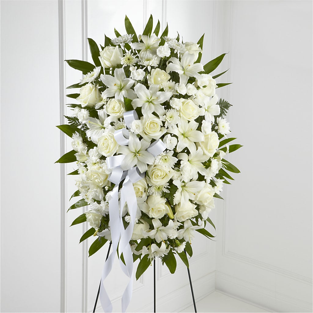 Exquisite Tribute Standing Spray-White Ribbon – A Floral Gallery, Clayton MO