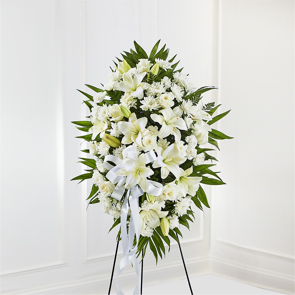 Exquisite Tribute Standing Spray-White Ribbon – A Floral Gallery, Clayton MO